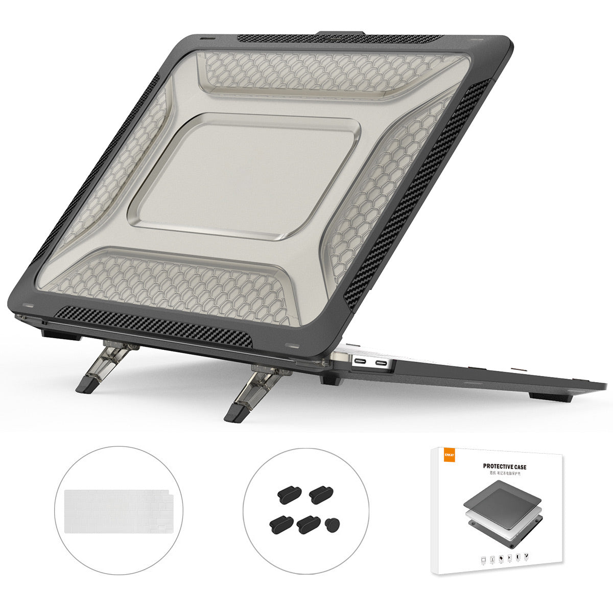 Protective Case for MacBook Air 13 inch (2018) A1932 (US Version) Shockproof Laptop Slim Cover Anti-Drop Kickstand Case with TPU Keyboard Film + Dust-Proof Plugs - Black Protective Case for MacBook Air 13 inch (2018) A1932 (US Version) Shockproof Laptop Slim Cover Anti-Drop Kickstand Case with TPU Keyboard Film + Dust-Proof Plugs - Black